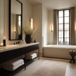 Contemporary bathroom design in London luxury townhouse in cream and black colors black vanity 150x150