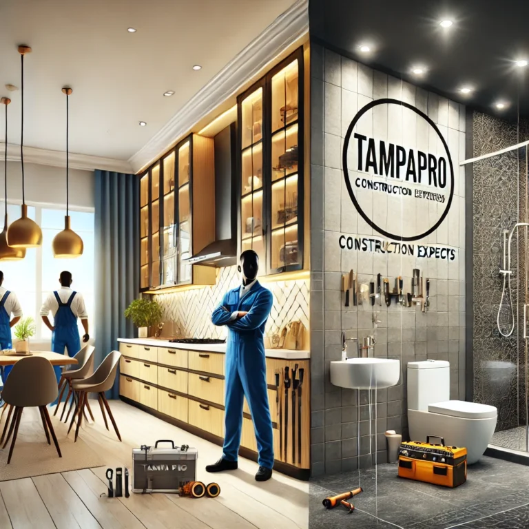 DALL·E 2024 12 03 20.24.09 A professional and modern illustration of a construction company specializing in kitchen and bathroom remodeling. The image shows a stylishly remodele 768x768