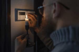 Man checking thermostat during power outage