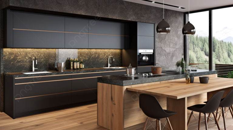 pngtree contemporary kitchen design featuring granite black and wooden cabinets 3d rendering picture image 5788139 768x431